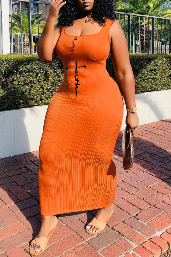 Orange Sexy Casual Print Basic U Neck Vest Dress