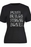 Black Fashion Casual Letter Hot Drilling Patchwork O Neck T-Shirts