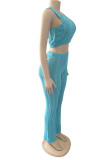 Blue Sexy Solid Hollowed Out Patchwork O Neck Sleeveless Two Pieces