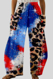 Colorful Blue Casual Print Patchwork Pocket High Waist Straight Positioning Print Bottoms