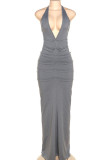 Grey Sexy Solid Patchwork Backless Halter Pencil Skirt Dresses