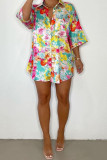 Colour Casual Print Patchwork Buckle Turndown Collar Three Quarter Two Pieces