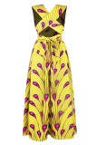 Yellow Fashion Print Bandage Patchwork V Neck Straight Dresses