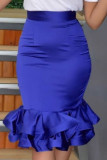 Blue Elegant Solid Patchwork Flounce High Waist Straight Solid Color Bottoms