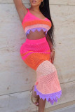 Purple Sexy Print Patchwork Spaghetti Strap Sleeveless Two Pieces