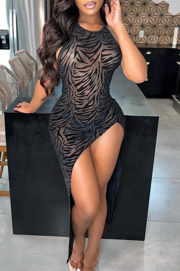 Black Fashion Sexy Patchwork See-through Backless Slit O Neck Sleeveless Dress