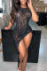 Black Fashion Sexy Patchwork See-through Backless Slit O Neck Sleeveless Dress