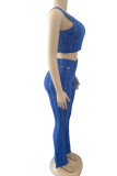 Blue Sexy Solid Hollowed Out Patchwork O Neck Sleeveless Two Pieces