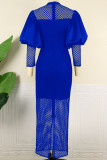 Blue Sexy Elegant Solid Hollowed Out Patchwork O Neck Dresses