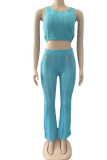 Blue Sexy Solid Hollowed Out Patchwork O Neck Sleeveless Two Pieces