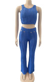 Blue Sexy Solid Hollowed Out Patchwork O Neck Sleeveless Two Pieces