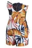 Cyan Sexy Print Patchwork Slit Strapless Sleeveless Two Pieces