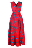 Red Fashion Print Bandage Patchwork V Neck Straight Dresses