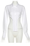White Sexy Solid Patchwork Buckle Feathers Asymmetrical Turndown Collar Tops