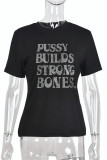 Black Fashion Casual Letter Hot Drilling Patchwork O Neck T-Shirts