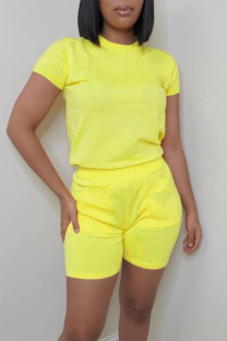 Yellow Casual Solid Patchwork O Neck Short Sleeve Two Pieces
