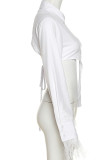White Sexy Solid Patchwork Buckle Feathers Asymmetrical Turndown Collar Tops