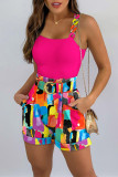 Rose Red Fashion Casual Print Patchwork With Belt Spaghetti Strap Sleeveless Two Pieces