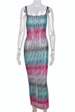 Multicolor Sexy Patchwork Hollowed Out See-through Spaghetti Strap One Step Skirt Dresses