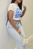 Blue Fashion Casual Letter Print Patchwork O Neck T-Shirts