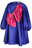 Deep Blue Fashion Casual Patchwork With Bow O Neck Long Sleeve Dresses