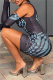 Blue Black Fashion Sexy Print Backless U Neck Skinny Romper (With Sleeves)