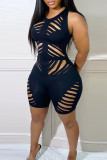 Black Sexy Casual Solid Hollowed Out V Neck Skinny Romper