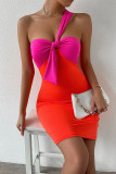 Orange Fashion Sexy Solid Patchwork Backless Contrast One Shoulder Strapless Dress