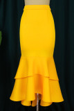 Yellow Elegant Solid Patchwork Flounce Asymmetrical High Waist Straight Solid Color Bottoms
