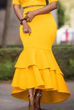 Yellow Elegant Solid Patchwork Flounce Asymmetrical High Waist Straight Solid Color Bottoms