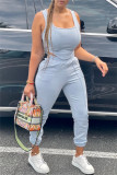 Light Blue Fashion Casual Solid Vests Pants U Neck Sleeveless Two Pieces