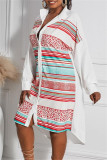 Red Fashion Casual Striped Print Patchwork Shirt Collar Shirt Dress