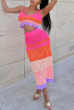 Purple Sexy Print Patchwork Spaghetti Strap Sleeveless Two Pieces