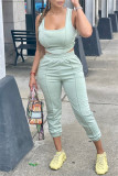 Light Blue Fashion Casual Solid Vests Pants U Neck Sleeveless Two Pieces