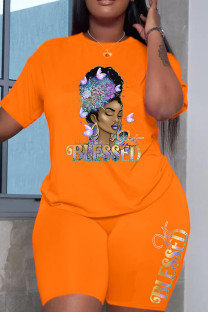 Orange Fashion Casual Print Patchwork O Neck Short Sleeve Plus Size Two Pieces