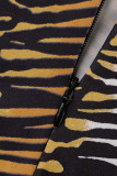 Tiger Pattern Fashion Sexy Print Slit Off the Shoulder Long Sleeve Dresses