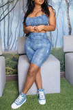 The cowboy blue Sexy Solid Patchwork Square Collar Sleeveless Two Pieces