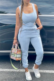 Light Blue Fashion Casual Solid Vests Pants U Neck Sleeveless Two Pieces