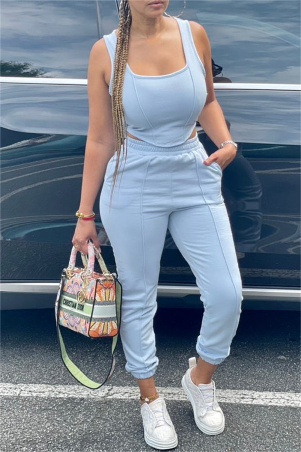 Light Blue Fashion Casual Solid Vests Pants U Neck Sleeveless Two Pieces