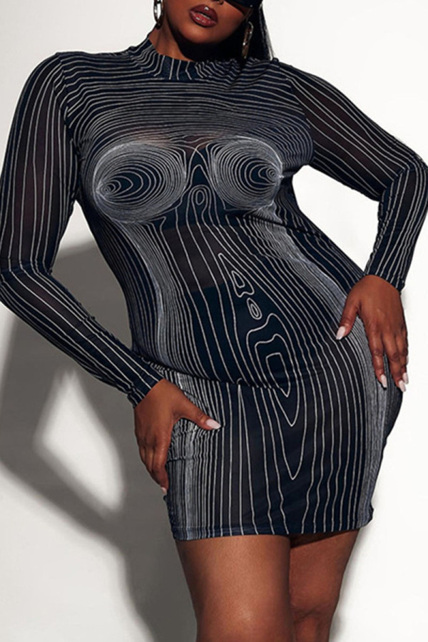 Black Sexy Print Patchwork See-through Half A Turtleneck Pencil Skirt Dresses