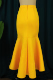 Yellow Elegant Solid Patchwork Flounce Asymmetrical High Waist Straight Solid Color Bottoms