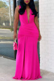 Rose Red Fashion Sexy Solid Patchwork V Neck Long Dress