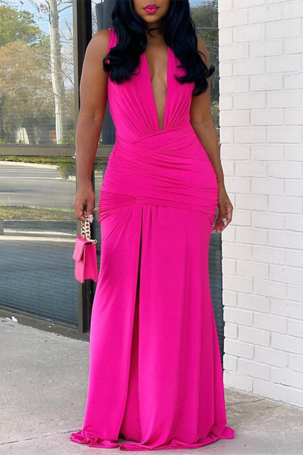 Rose Red Fashion Sexy Solid Patchwork V Neck Long Dress