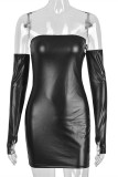 Black Fashion Sexy Solid Backless Strapless Strapless Dress (With Sleeves)