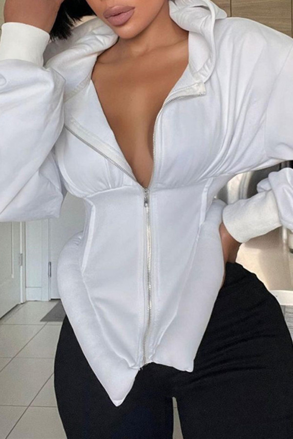 White Fashion Casual Solid Patchwork Asymmetrical Hooded Collar Outerwear