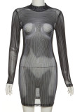 Black Sexy Print Patchwork See-through Half A Turtleneck Pencil Skirt Dresses