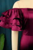 Burgundy Elegant Solid Patchwork Flounce Off the Shoulder One Step Skirt Dresses