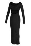 Pink Fashion Sexy Solid Hollowed Out Patchwork Square Collar Long Sleeve Dresses