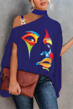 Blue Fashion Casual Print Hollowed Out Patchwork Turtleneck Tops