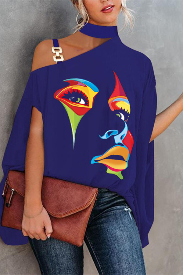 Blue Fashion Casual Print Hollowed Out Patchwork Turtleneck Tops